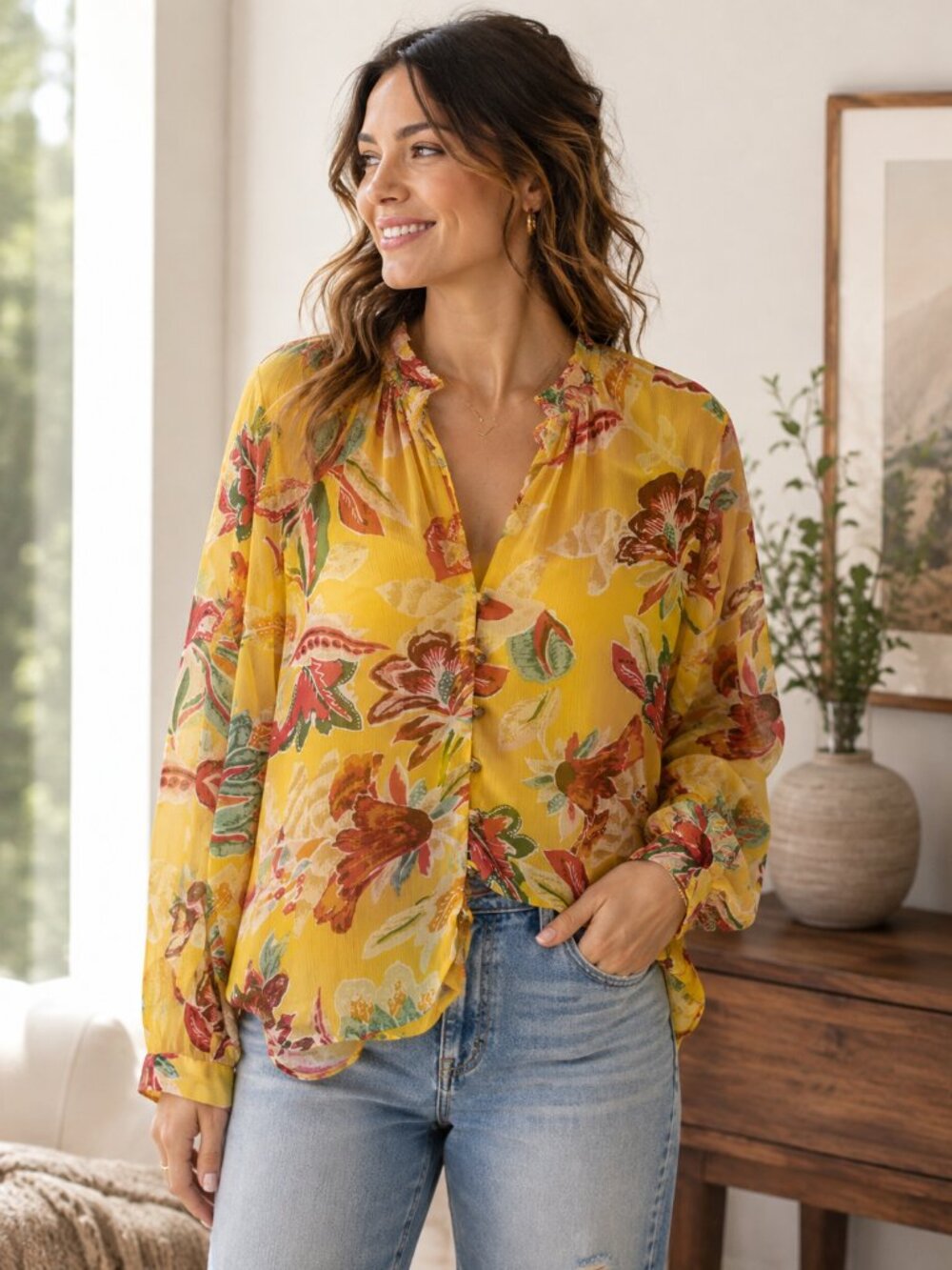 Pilcro‎ Anthro Women's XL Yellow Floral Boho Peasant Blouse Tassel Lined 1323
